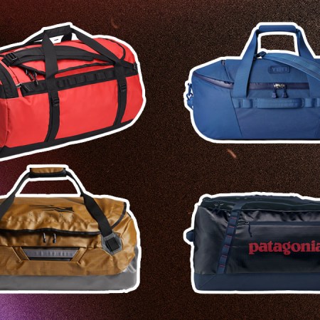 Four outdoor duffel bags on a purple and red abstract background