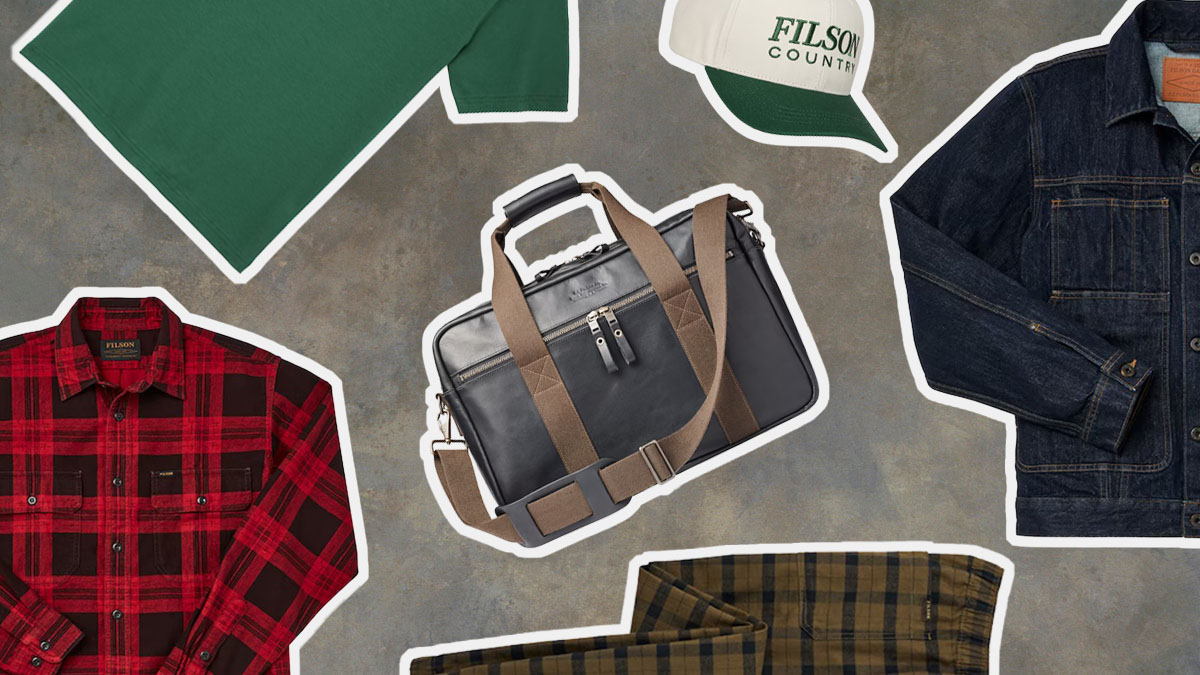 A collage of gear from the Filson Warehouse Sale on a camo background