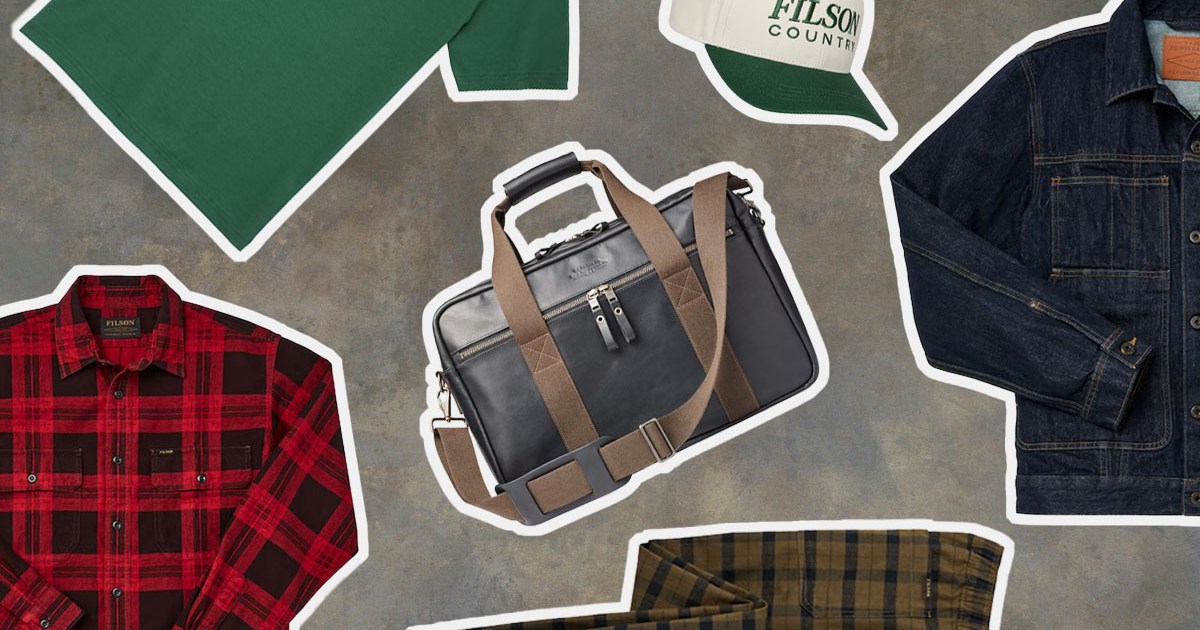A collage of gear from the Filson Warehouse Sale on a camo background