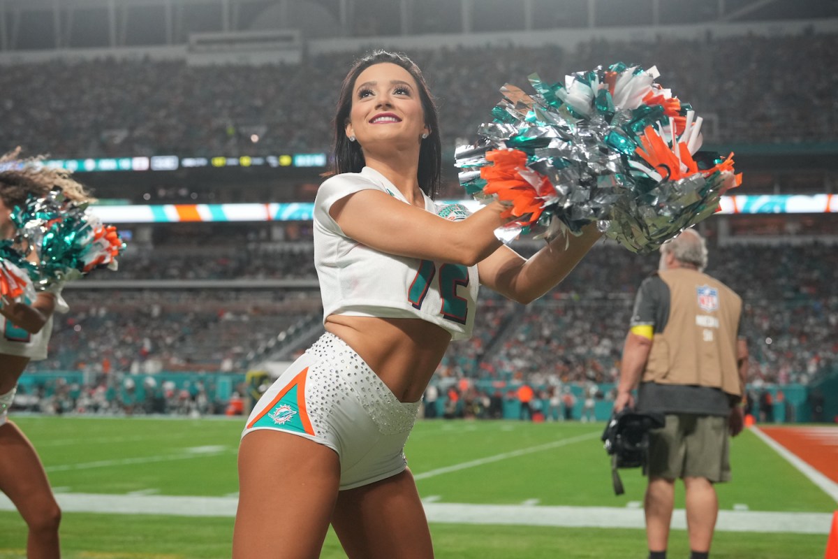 NFL cheerleader strikes a pose with pom poms