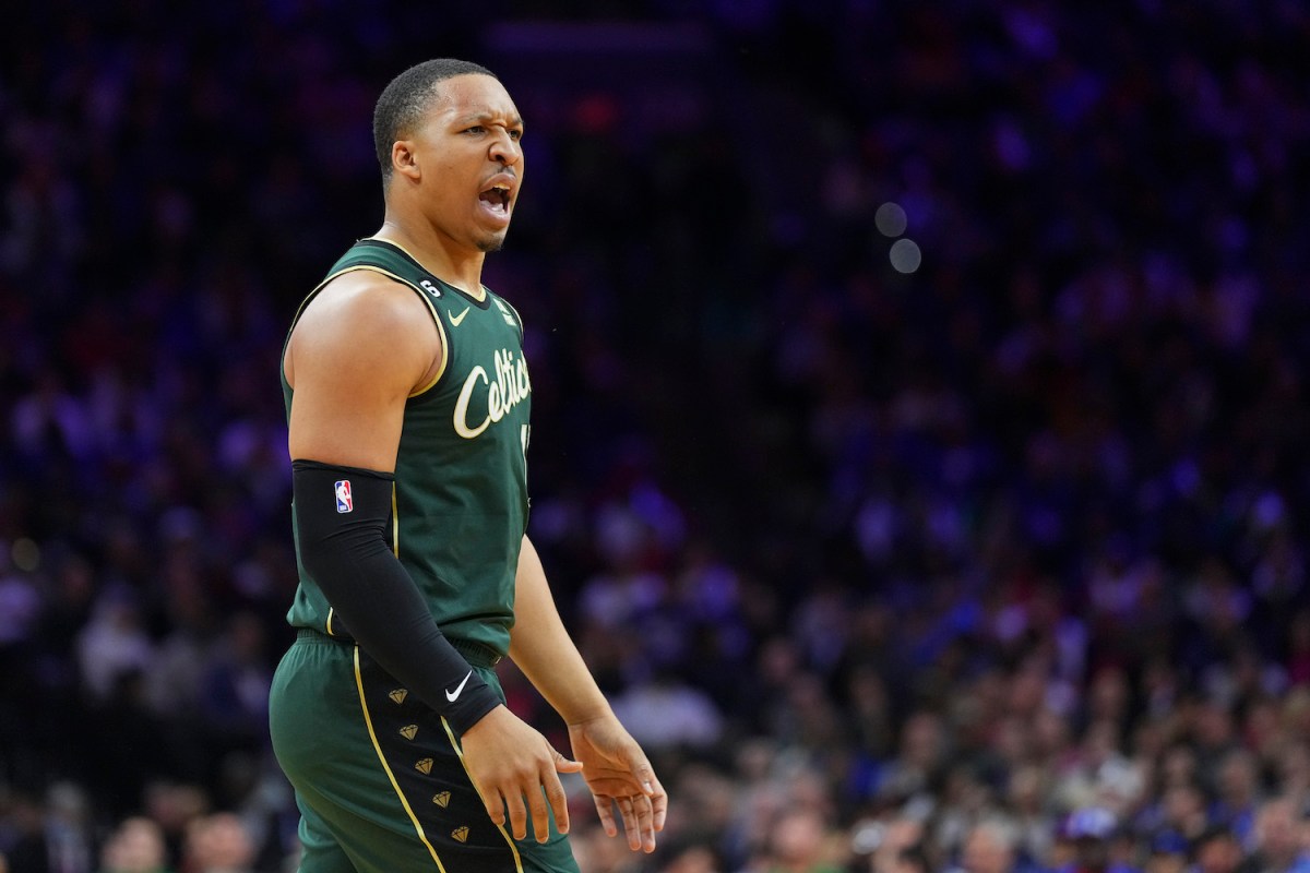 Grant Williams of the Boston Celtics shows displeasure on the court