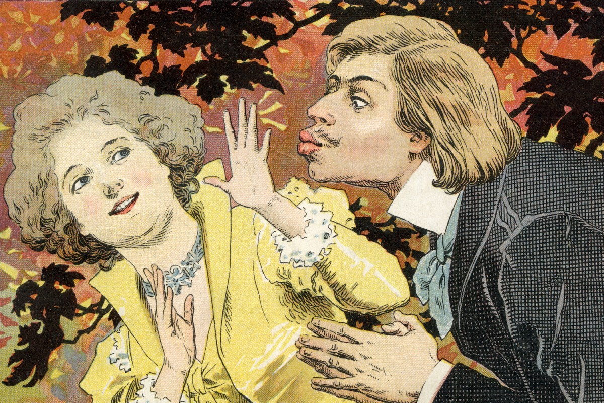 illustration showing a man leaning in with puckered lips to kiss a woman as the unwilling object of his affection pulls away with hands up in the air to shield her face