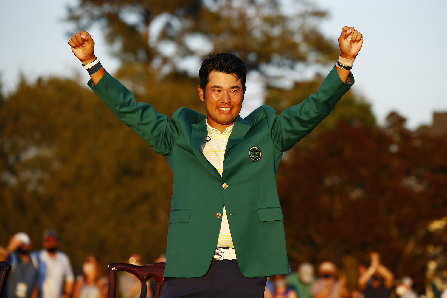 Hideki Matsuyama of Japan celebrates during the Green Jacket Ceremony after winning the Masters at Augusta National Golf Club on April 11, 2021 in Augusta, Georgia.