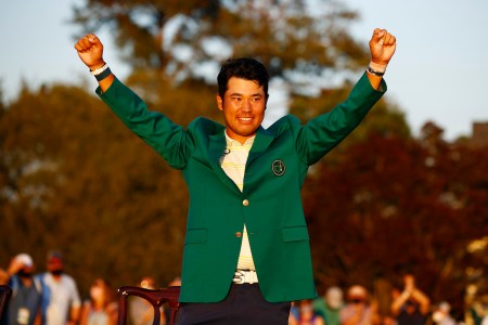 Hideki Matsuyama of Japan celebrates during the Green Jacket Ceremony after winning the Masters at Augusta National Golf Club on April 11, 2021 in Augusta, Georgia.