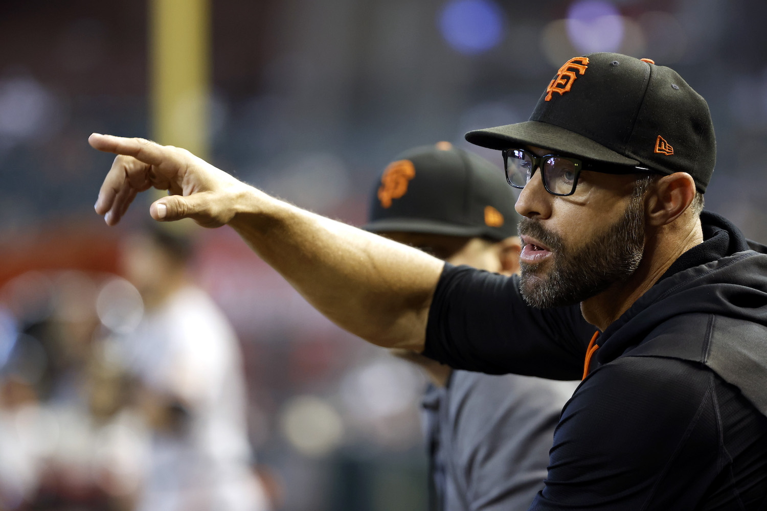 Manager Gabe Kapler #19 of the San Francisco Giants gestures during the game against the Arizona Diamondbacks at Chase Field on September 25, 2022 in Phoenix, Arizona. The Giants beat the Diamondbacks 3-2.