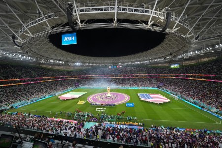 A general view of Al Thumama Stadium during pre-game ceremonies before a FIFA World Cup Qatar 2022 Group B match between Iran and USMNT at Al Thumama Stadium on November 29, 2022 in Doha, Qatar.