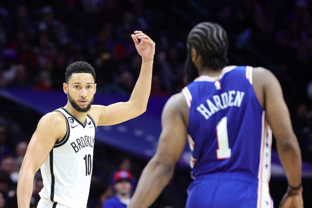 Ben Simmons #10 of the Brooklyn Nets gestures during the fourth quarter against the Philadelphia 76ers at Wells Fargo Center on January 25, 2023 in Philadelphia, Pennsylvania.
