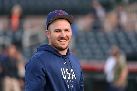 Mike Trout dons Team USA gear while preparing for the World Baseball Classic on a field