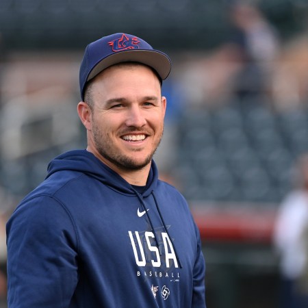 Mike Trout dons Team USA gear while preparing for the World Baseball Classic on a field