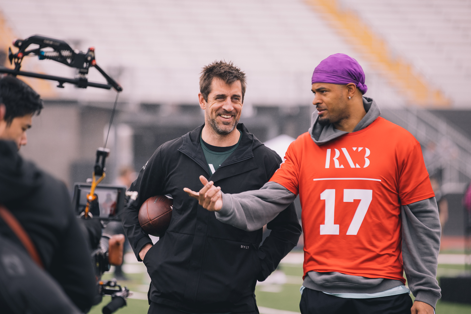 Quarterback Aaron Rodgers and former Packer teammate Equanimeous St. Brown at RX3 Celebrity Flag Football Charity Event at Saddleback College on March 11, 2023 in Orange County, CA.