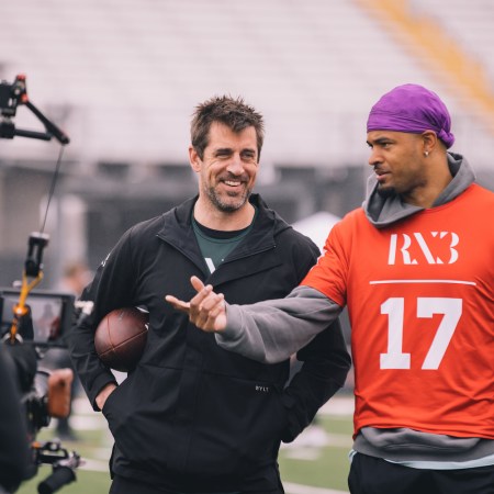 Quarterback Aaron Rodgers and former Packer teammate Equanimeous St. Brown at RX3 Celebrity Flag Football Charity Event at Saddleback College on March 11, 2023 in Orange County, CA.