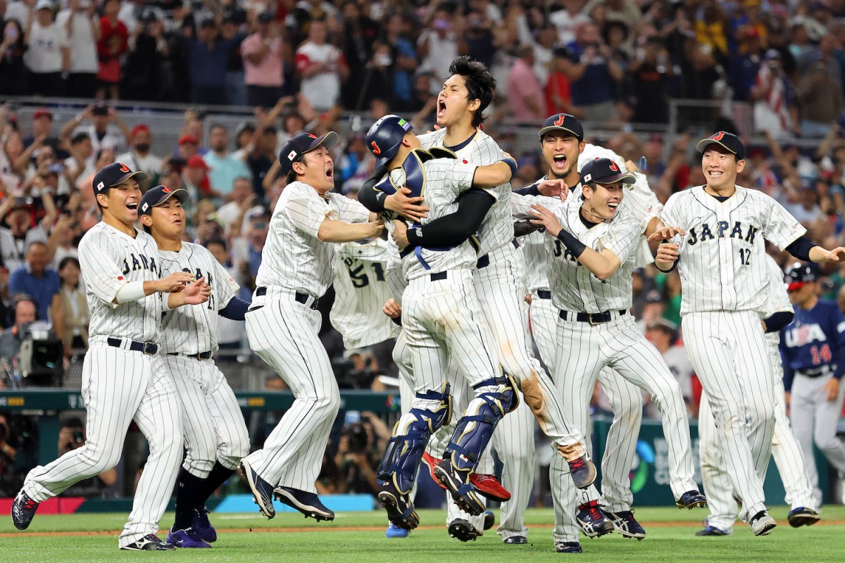 Team Japan celebrates after the final out of the World Baseball Classic Championship defeating Team USA 3-2 at loanDepot park on March 21, 2023 in Miami, Florida.