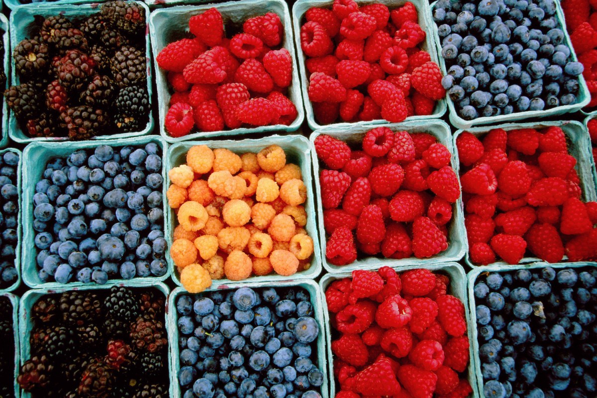 Raspberry, blueberry and blackberry punnets at Farmers Market