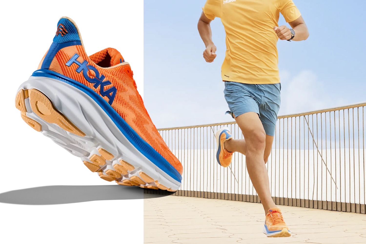 a collage image of the hoka clifton 9