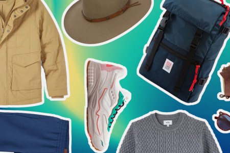 a collage of items from the Huckberry sale on sale on a blue and green gradient background