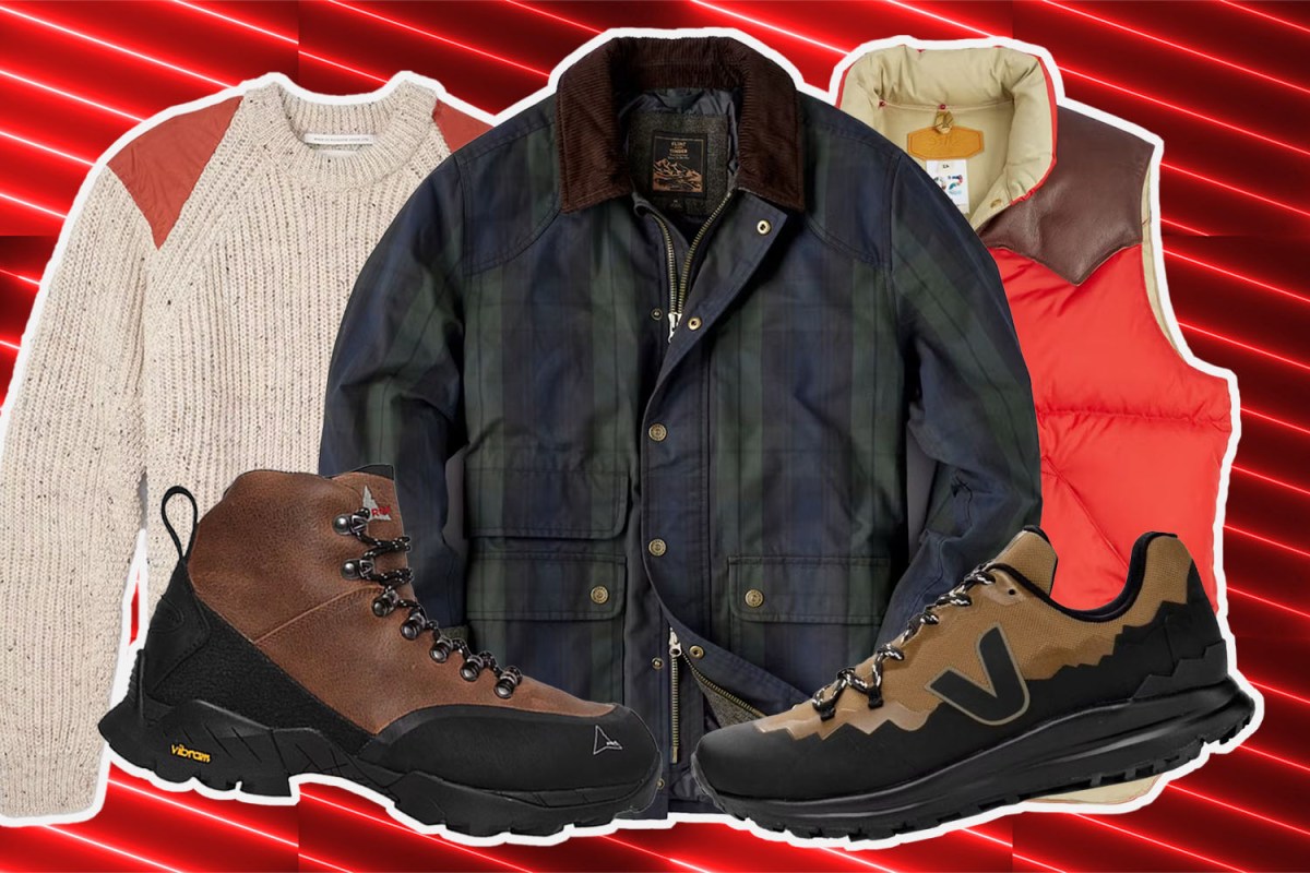 a collage of Huckberry sale items on a red background