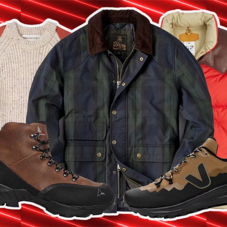 a collage of Huckberry sale items on a red background
