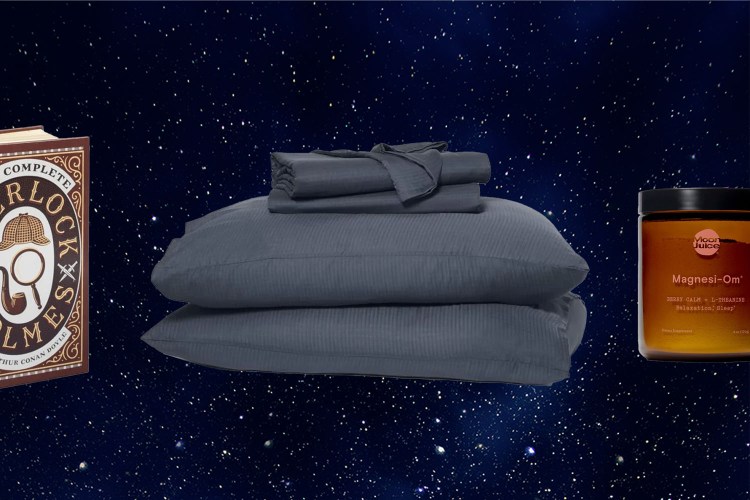 a collage of sleep products of a dark sky background