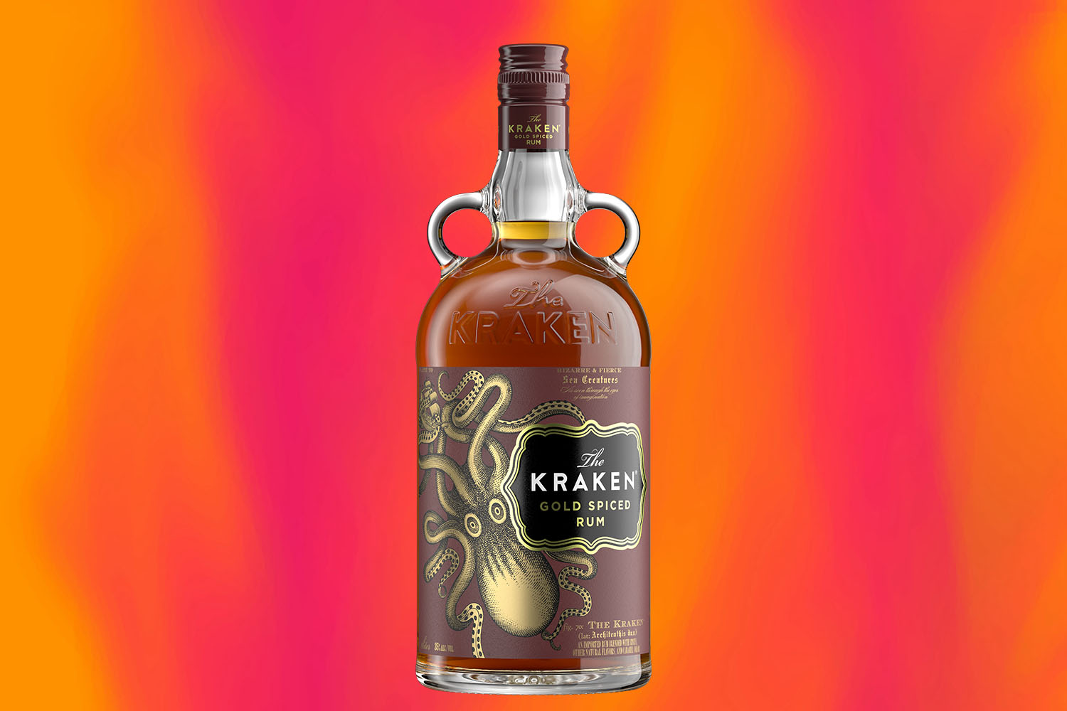 a bottle of Kraken rum on a firey red background