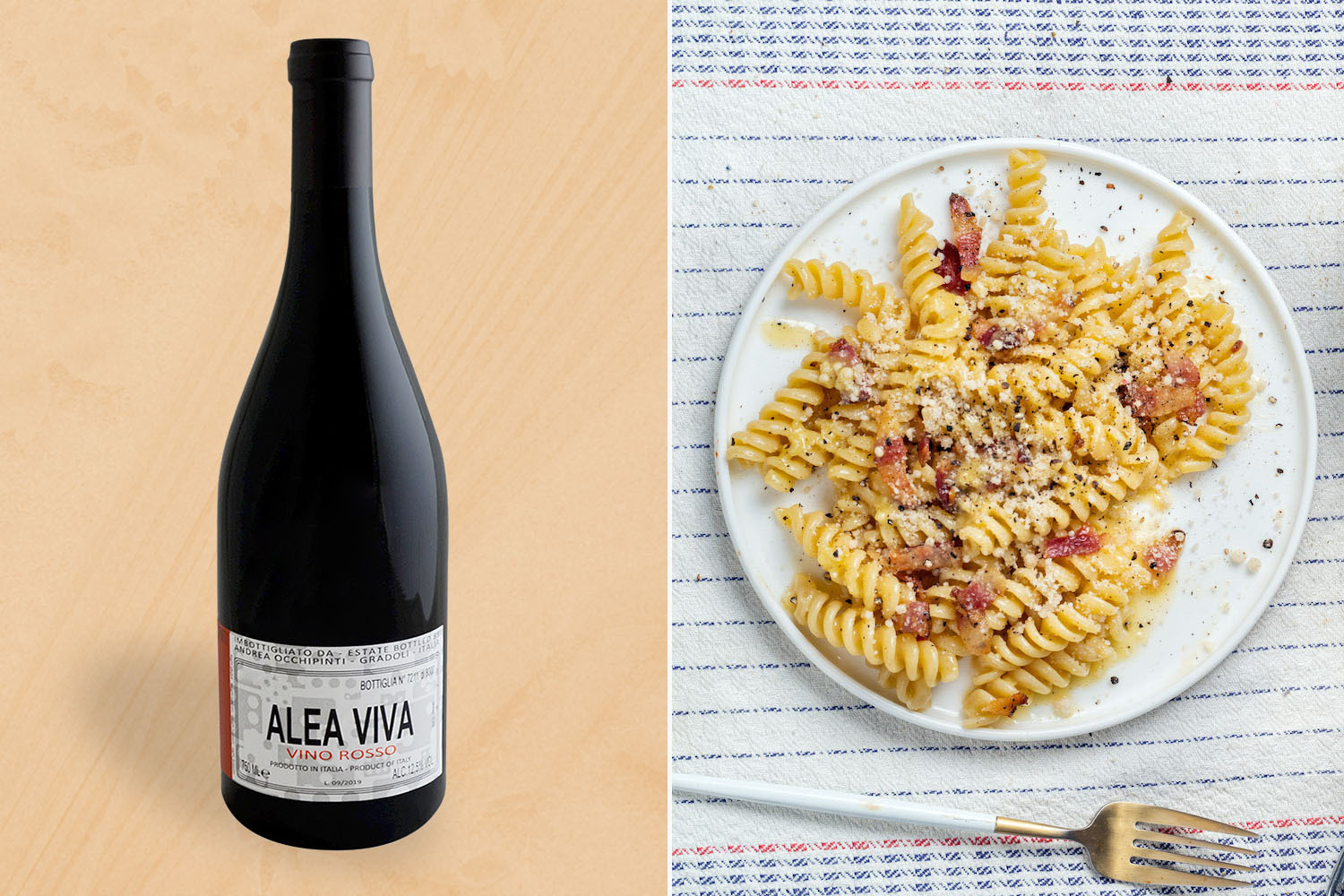 fusilli carbonara and a bottle of wine