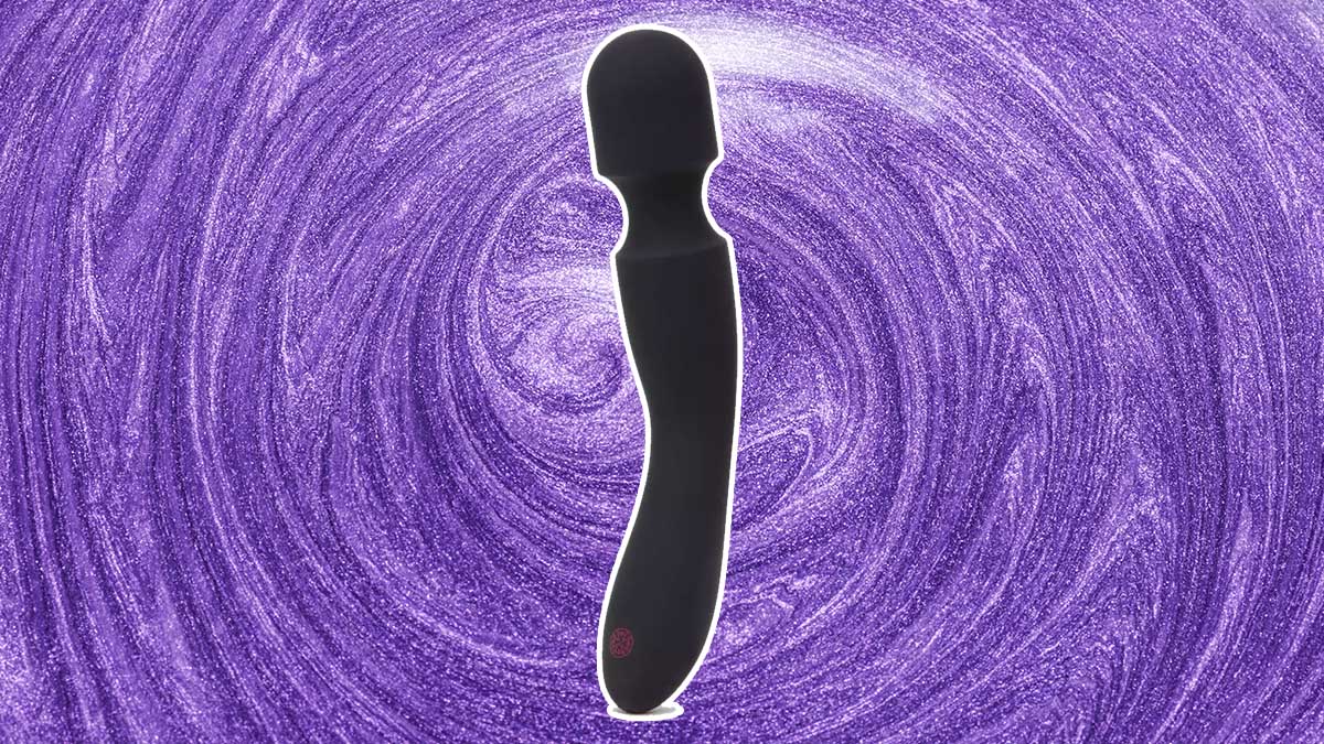 The Mantric Rechargeable Vibrator Wand, now just $40, on a purple swirly background