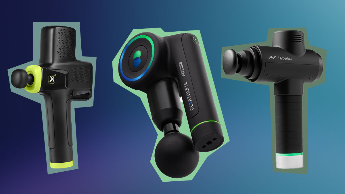 Three massage guns on a blue background