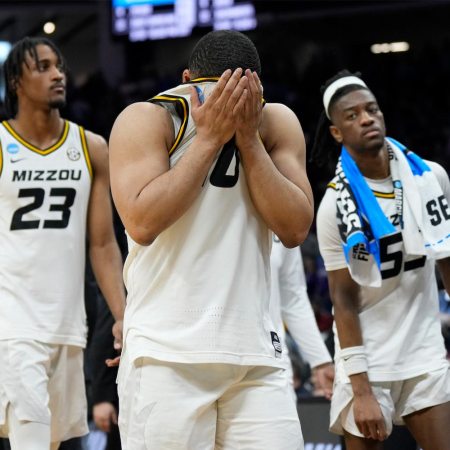 Nick Honor #10 of the Missouri Tigers reacts after the 78-63 loss to the Princeton Tigers in the second round of the NCAA Men's Basketball Tournament at Golden 1 Center on March 18, 2023 in Sacramento, California.