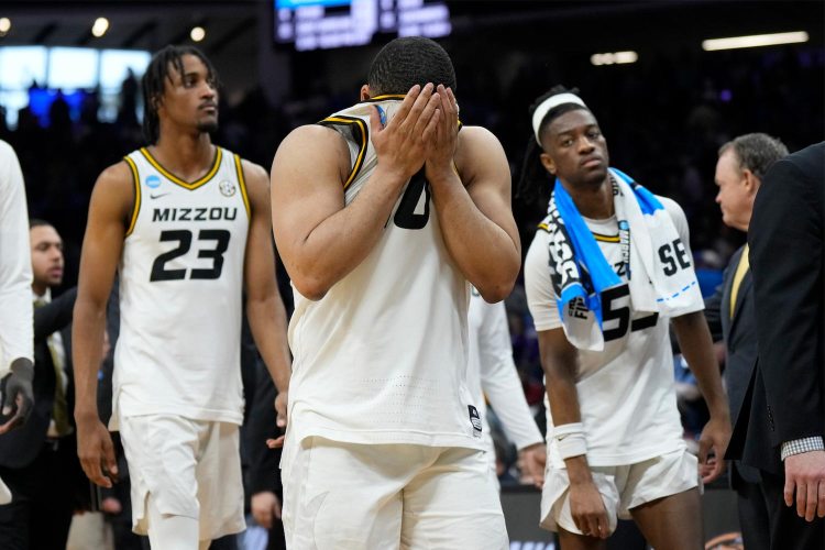 Nick Honor #10 of the Missouri Tigers reacts after the 78-63 loss to the Princeton Tigers in the second round of the NCAA Men's Basketball Tournament at Golden 1 Center on March 18, 2023 in Sacramento, California.