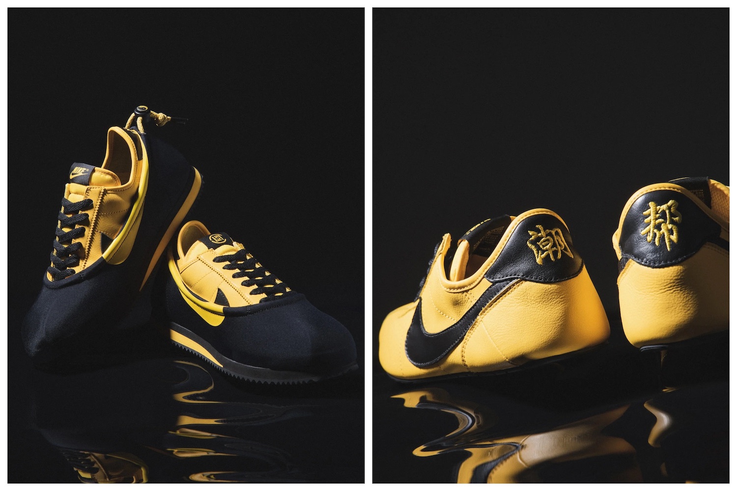 two shots of the CLOT x Nike Cortex "CLOTEZ" on a black background