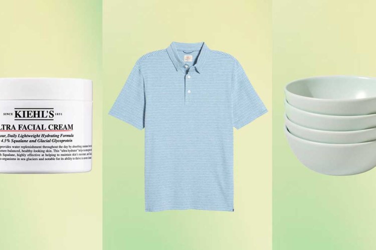 Kiehl's moisturizer, Faherty polo and bowls, on a green background