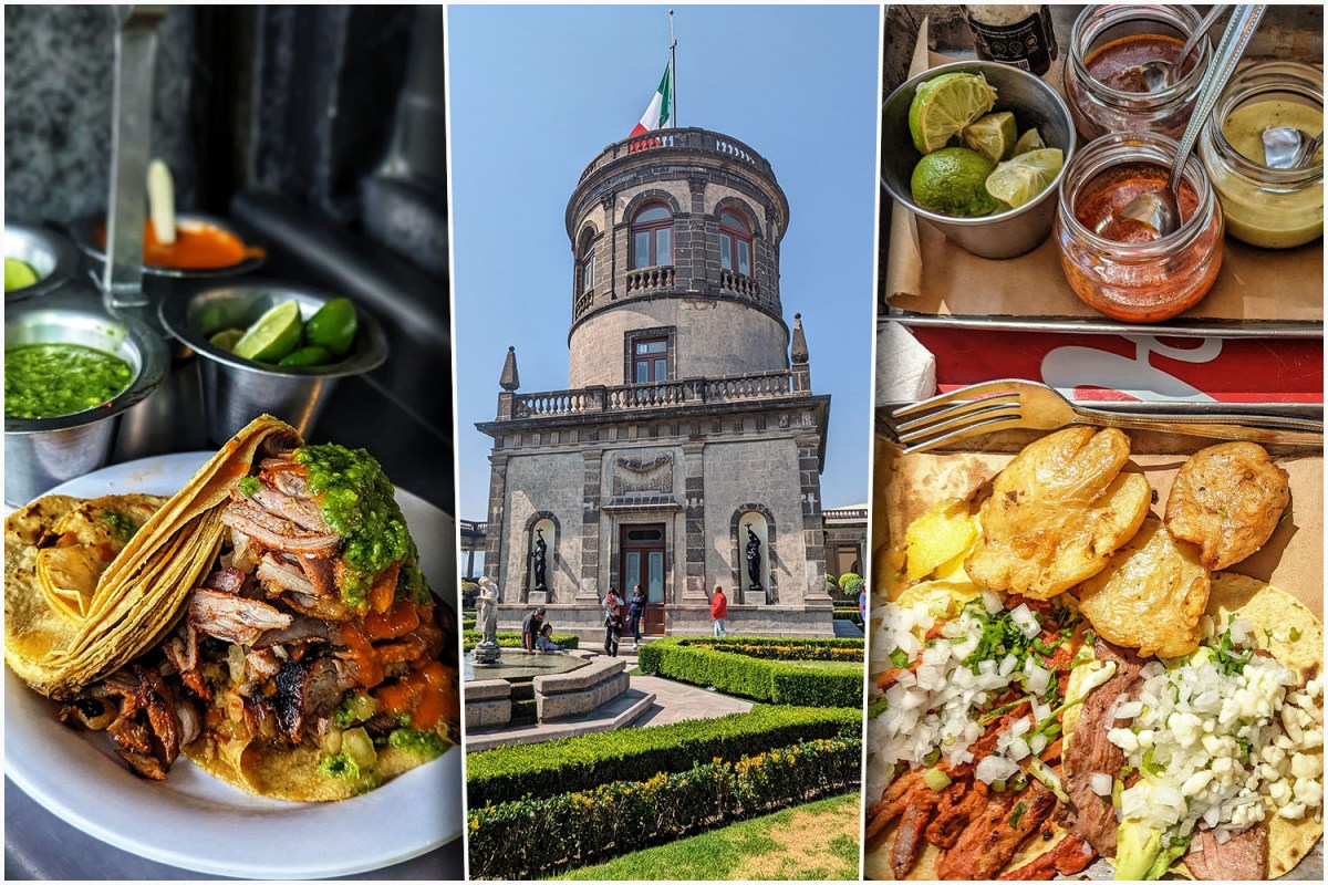 A collage of tacos and Chapultepec Castle in Mexico City. They're included in our travel guide to CDMX.