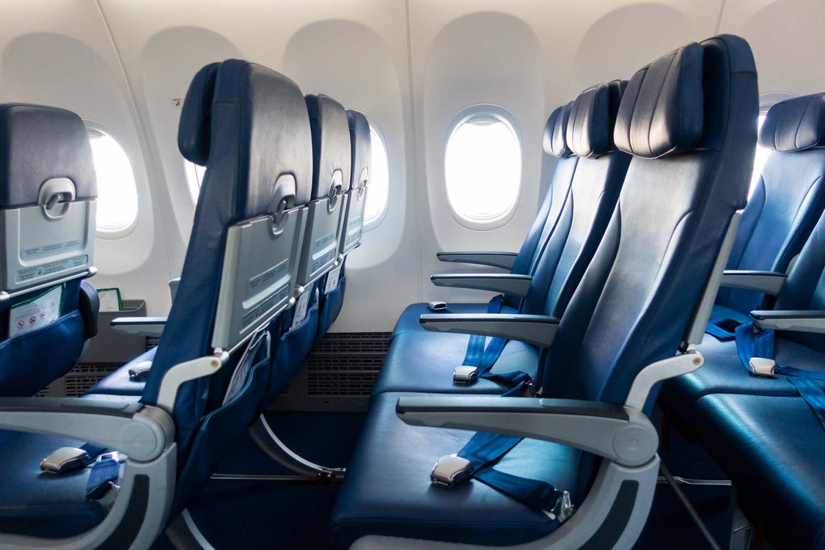 Rows of airplane seats. A U.S. appeals court ruled against minimum seat dimensions on planes.