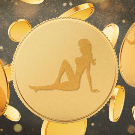 mudflap girl on a gold coin with gold coins surrounding it