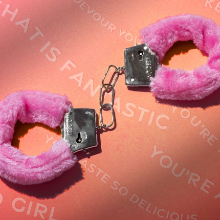 pink fuzzy handcuffs laying on top of positive affirmations