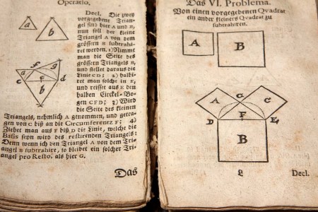Mathematics textbook from 1743 year, geometry problem, Pythagorean theorem