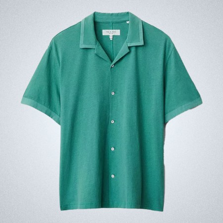 a green Rag & Bone Avery Linen Shirt on a grey background