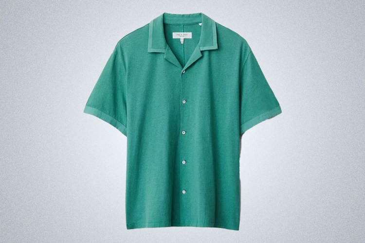 a green Rag & Bone Avery Linen Shirt on a grey background