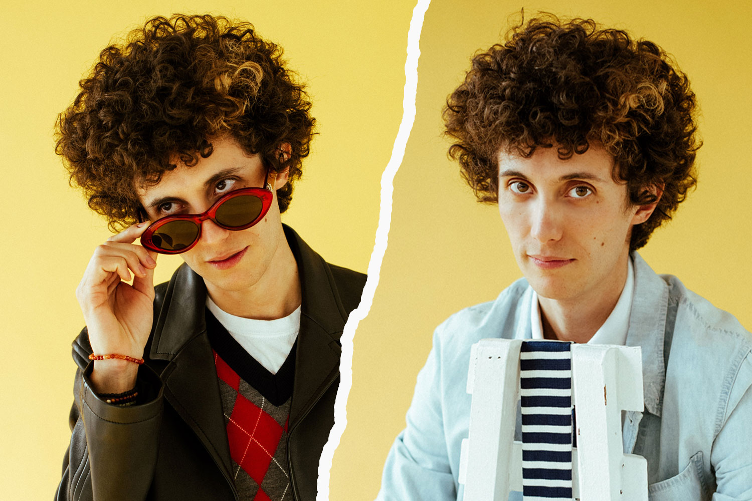 Ron Gallo in two outfits on a yellow background for his new album, Foreground