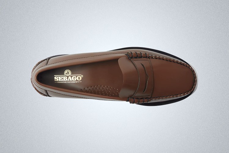a brown leather Sebago Dan Classic Loafer on a grey background