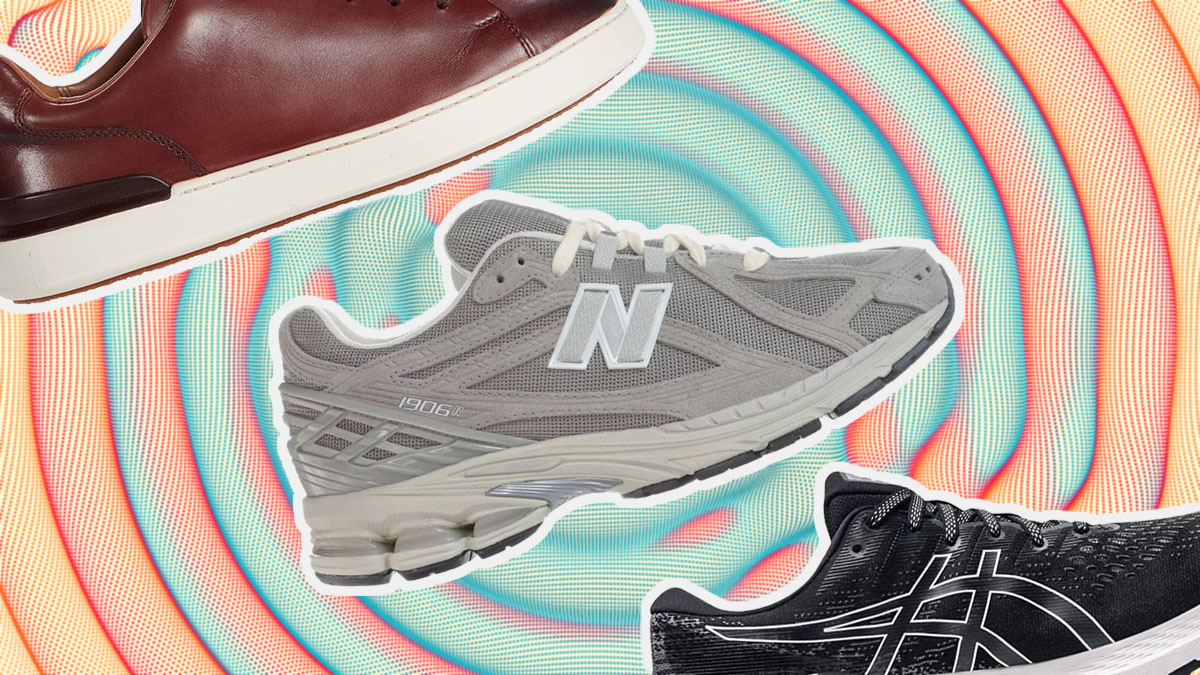 A collage of men's sneakers that are on sale, from New Balance to Asics