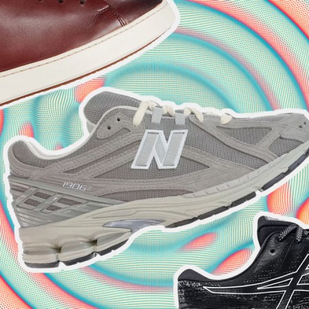 A collage of men's sneakers that are on sale, from New Balance to Asics