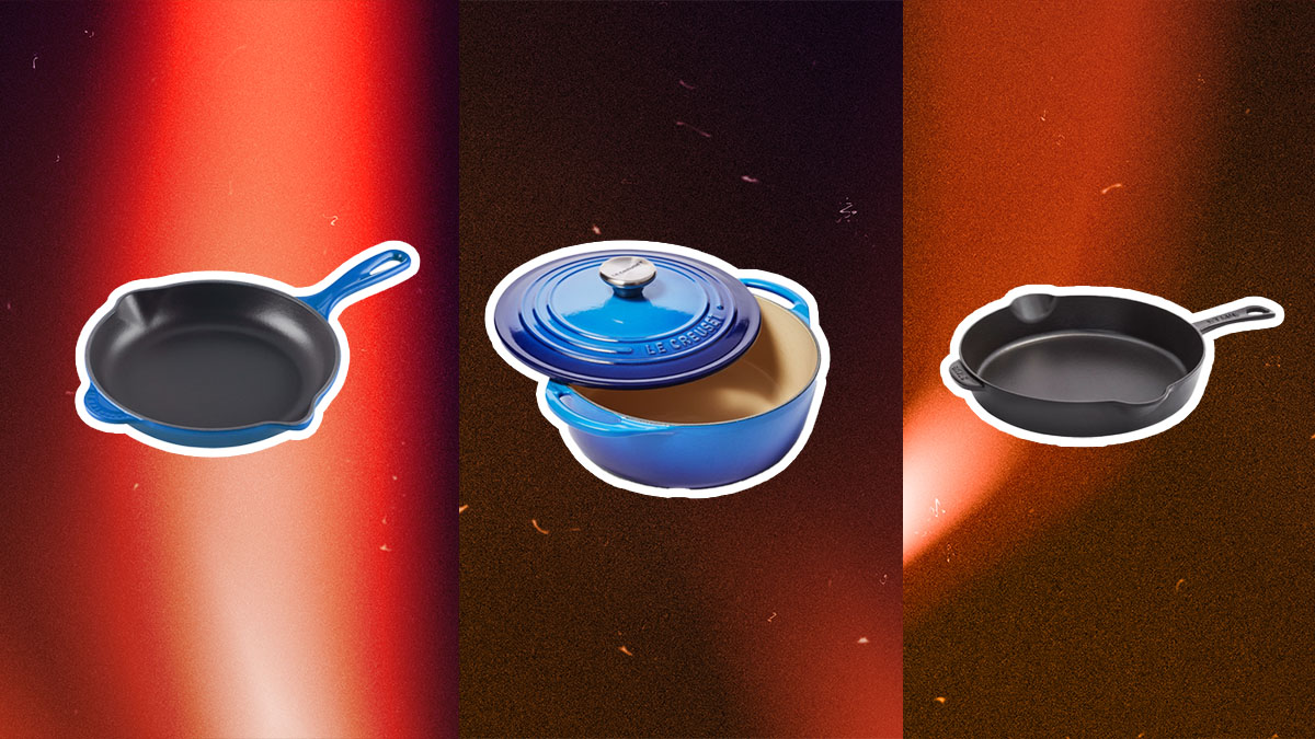 A series of pans, skillets and pots on a red abstract background