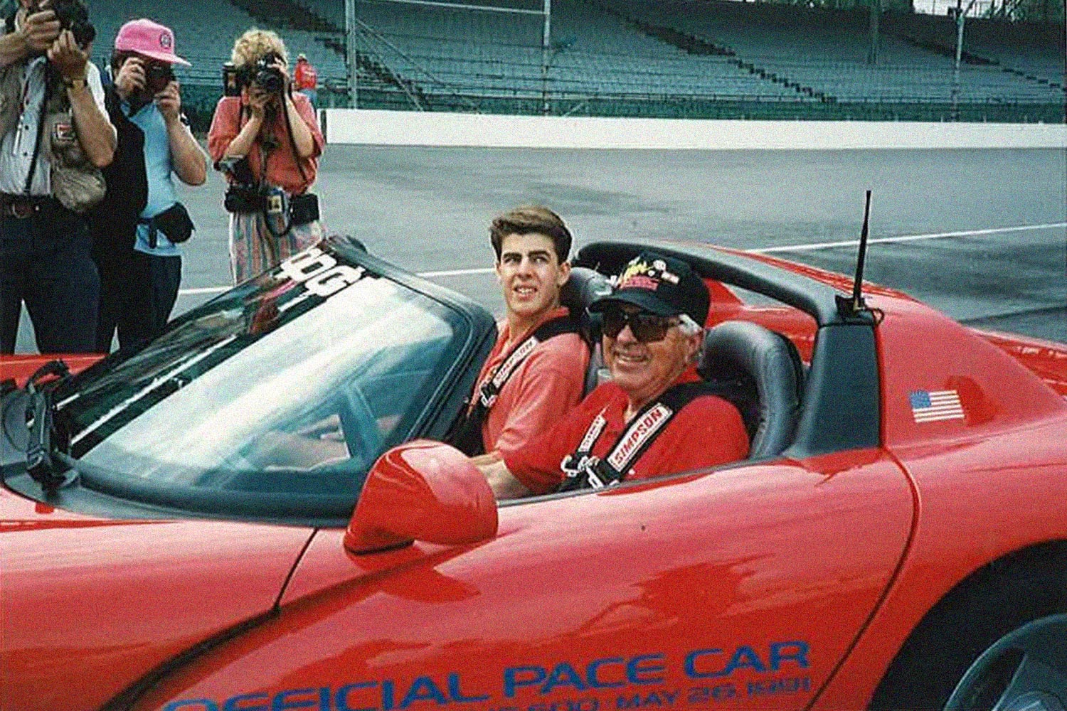Carroll Shelby in the pace car at the Indy 500 in May 1991 with his grandson Aaron Shelby