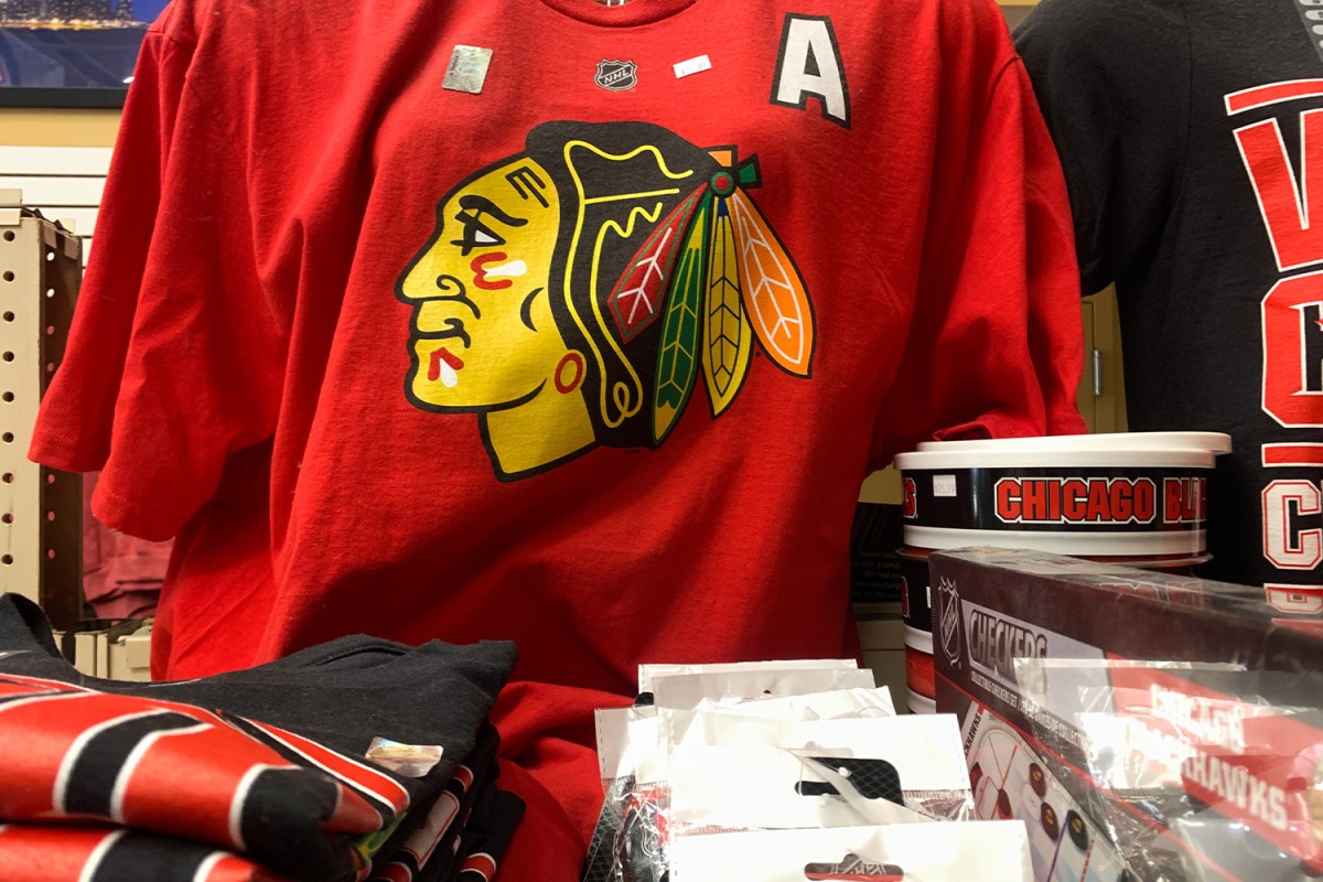 Chicago Blackhawks logo is seen on a t-shirt in the shop in Chicago, United States on October 19, 2022
