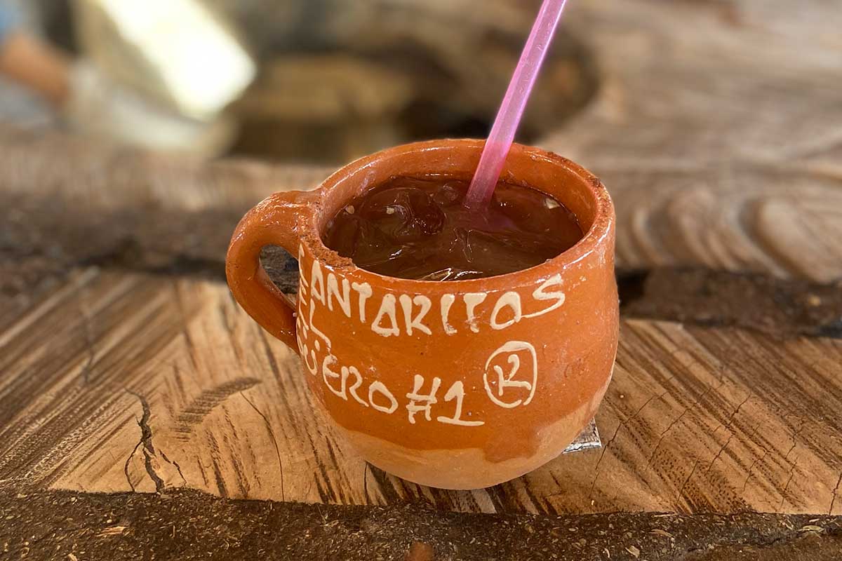 A closeup of a Cantarito from El Güero