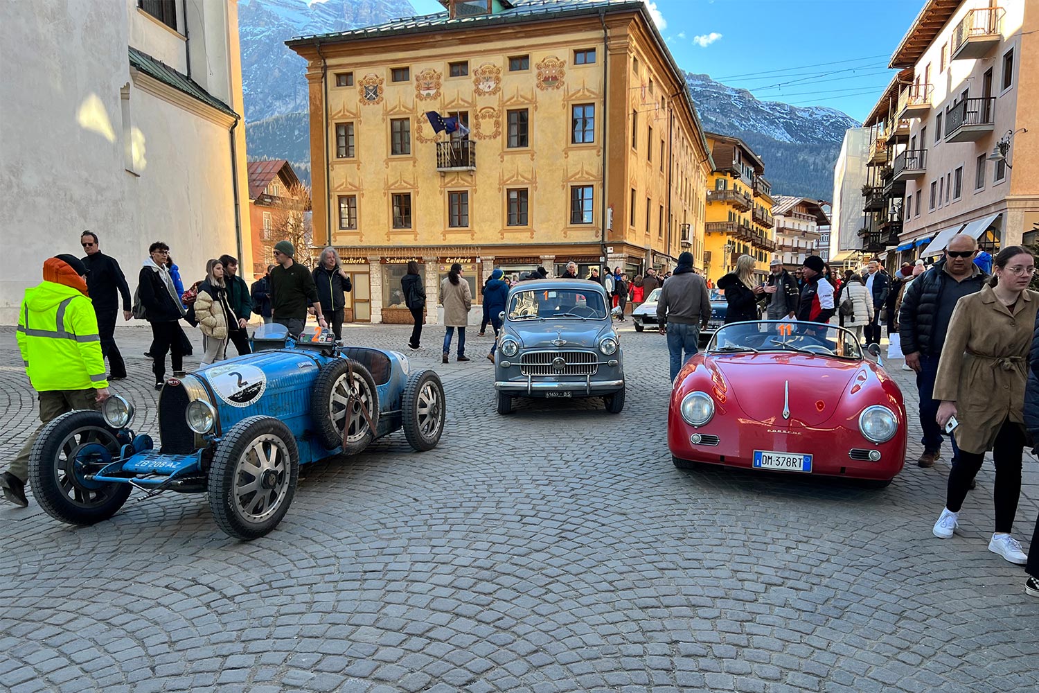 Classic cars displayed at the 2023 Winterace in Cortina d’Ampezzo, Italy