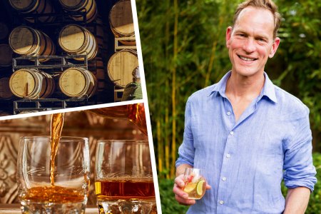 Compass Box Whisky founder John Glaser; barrels of whisky; a glass of whisky.