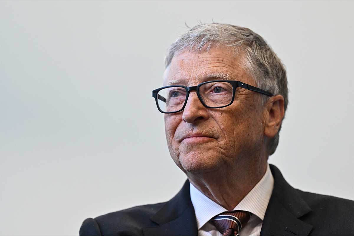 Microsoft founder Bill Gates reacts during a visit with Britain's Prime Minister Rishi Sunak to the Imperial College University on February 15, 2023 in London, England