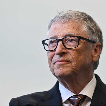 Microsoft founder Bill Gates reacts during a visit with Britain's Prime Minister Rishi Sunak to the Imperial College University on February 15, 2023 in London, England