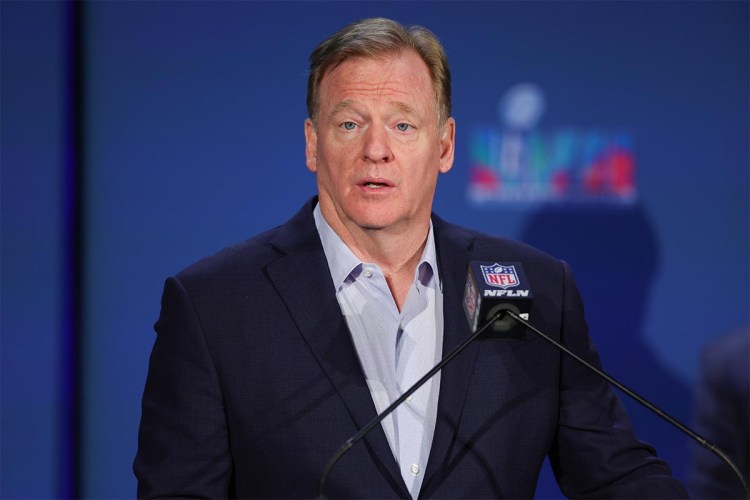 NFL Commissioner Roger Goodell speaks during the Super Bowl LVII Host Committee Handoff Press Conference at Phoenix Convention Center on February 13, 2023 in Phoenix, Arizona. Goodell is a proponent of flexing games into Thursday night